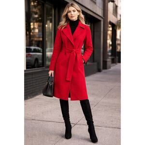 Bernardo Red Belted Handmade Coat XS Structured Long Coat Modern Chic Tailored